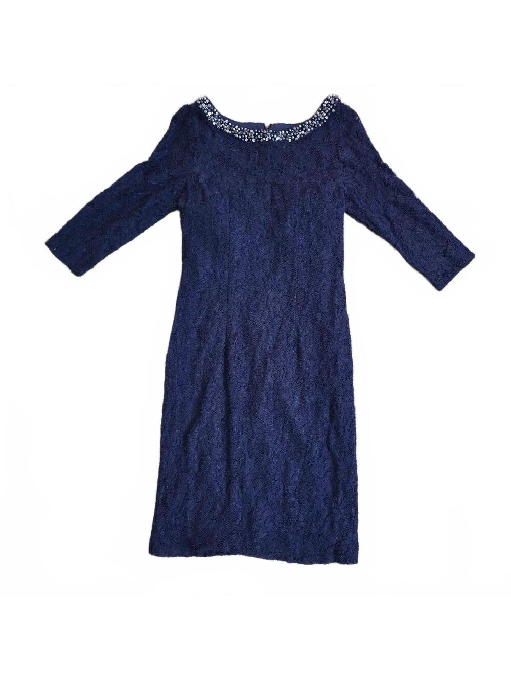 Alex Evenings Navy Blue Lace Embellished Neckline Cocktail Dress Size 12